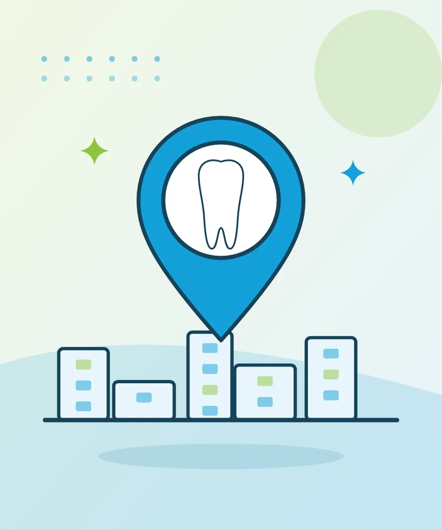 Illustration of a map pin with a tooth above a skyline for dentist and dental clinic at Sai Multi Speciality Dental Clinic, Baner